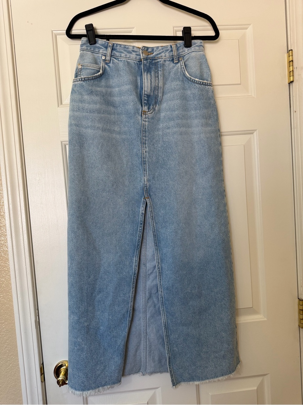 Pilcro Light Wash Denim Maxi Skirt with Front Slit